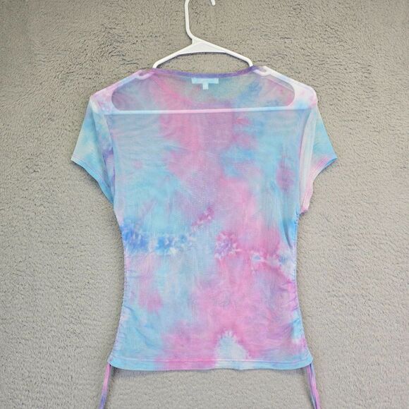 Riley James‎ Top Womens M Blue Pink Tie Dye Micromesh Ruched Rave Music Festive - Picture 2 of 11